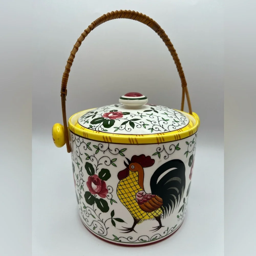 Colorful Ceramic Rooster And Roses Ice Bucket/Cookie Jar with Handle